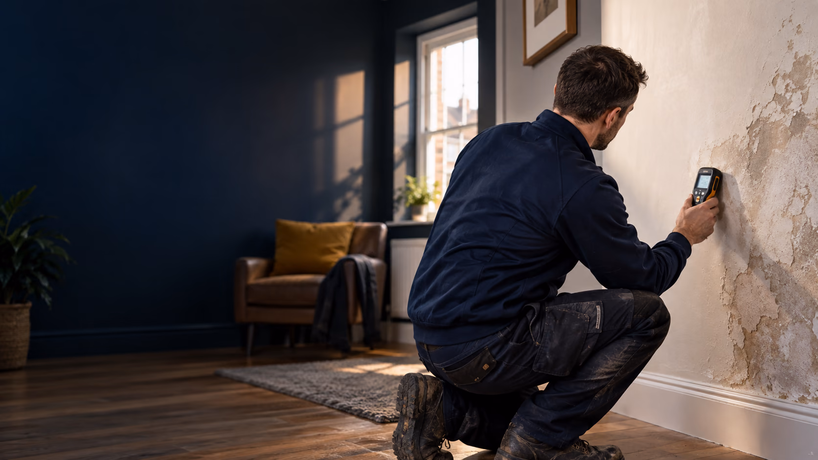 Damp specialist inspecting a residential wall with a moisture meter